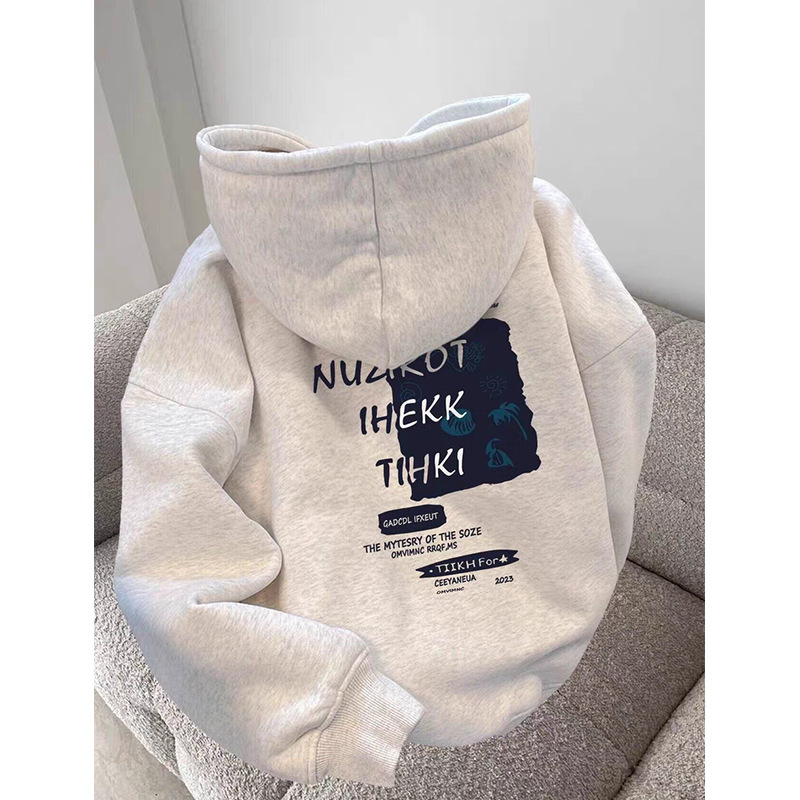 White Grey fleece-lined Thickened Hooded Sweatshirt Women's Autumn and Winter Clothing National Fashion Brand hiphop Student Casual White Grey Jacket