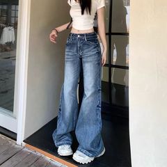 【广州新塘牛仔】美式复古蓝色牛仔裤女高腰显瘦直筒阔腿微喇长裤