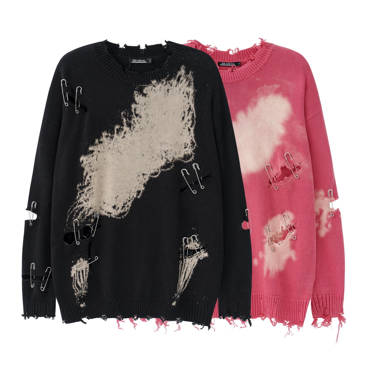 TIDE CARD LOG | Otoño e invierno de la calle de diseño de moda se desvaneció pin ripped pareja cuello redondo suéter Suelto