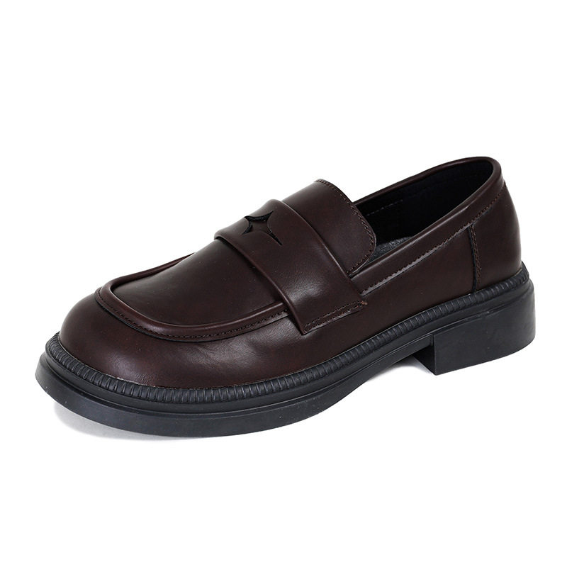 Giày lười nữ đế dày kiểu Anh cổ thấp mũi tròn gót thô 3-5 cm — Màu nâu, Màu đen