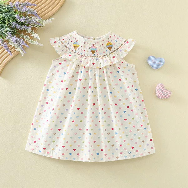 Summer Girls' Ruched Dress with Ice Cream Embroidery and Heart Print, Cute New Cotton Dress for Toddlers and Young Children