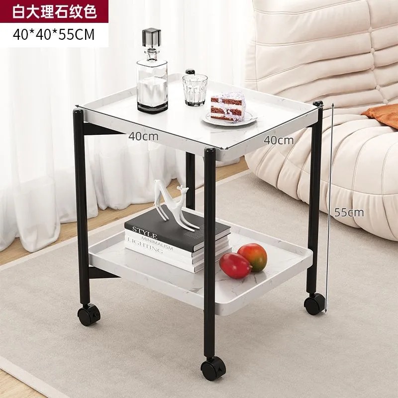 바퀴가 달린 2겹 사각 대리석 흰색 40*40*55