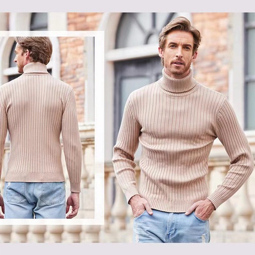 Fall/Winter Men's Turtleneck Sweater, Men's Thickened Vertical-Striped Base Layer, Korean-style Pullover Thermal Knitwear