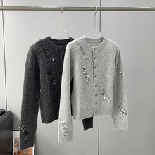 外贸单手工钉珠亮片羊毛针织开衫女宽松休闲百搭长袖毛衣外套上衣