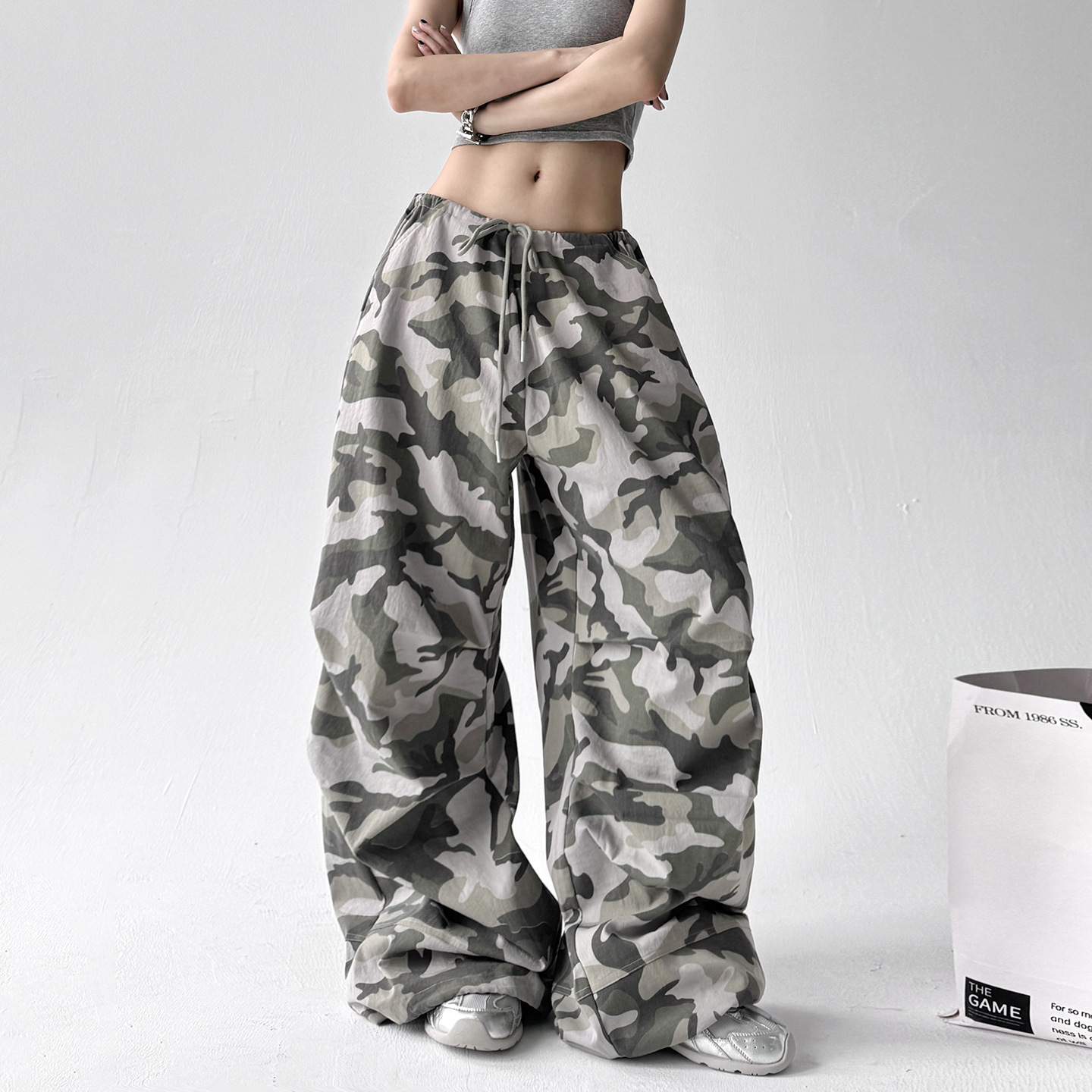 Chic Korean Style Retro Camouflage Workwear Casual Pants for Women 2025 Summer New Loose Wide-Leg Long Pants