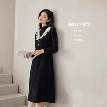 复古花边撞色羊毛针织连衣裙女秋冬新款高腰百搭优雅中长款A字裙