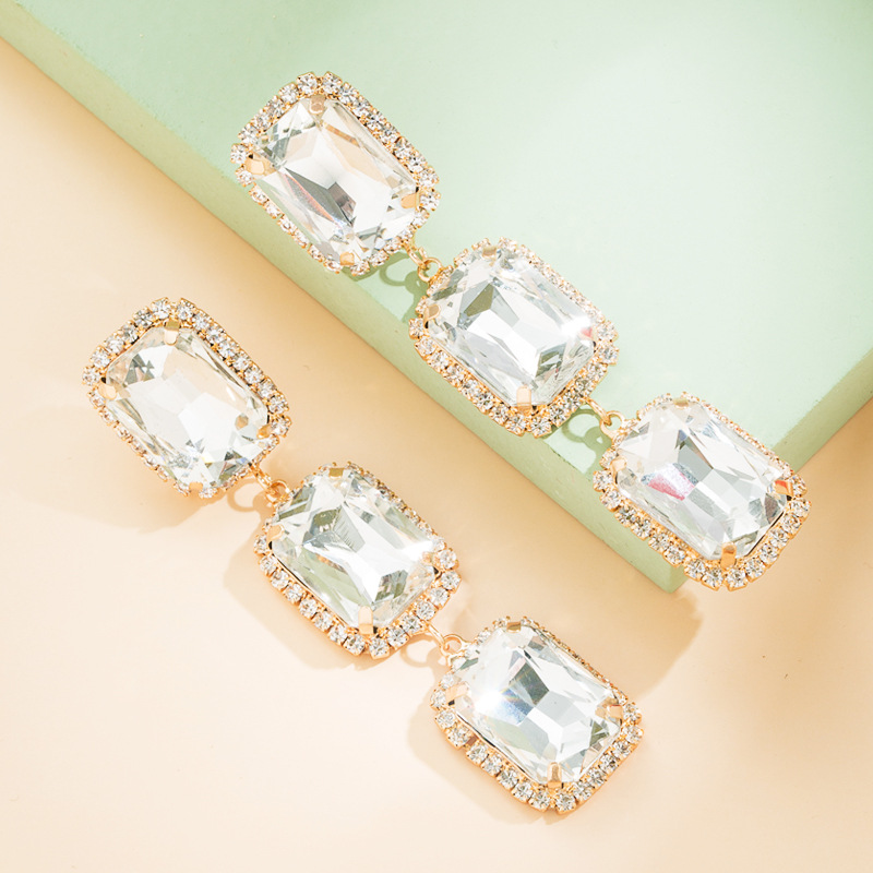 Mode Legierung Diamant Platz Glas Bohrer Lange Bunte Kristalle Ohrringe display picture 4