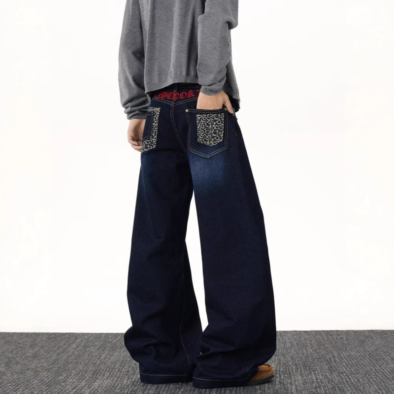 Fashion Leopard Print Color-Block Pocket Jeans for Men, Spring and Autumn New Mid-Waist Loose Slimming Versatile Trendy Wide-Leg Pants Fashion Leopard Print Color-Block Pocket Jeans for Men, Spring and Autumn New Mid-Waist Loose Slimming Versatile Trendy Wide-Leg Pants