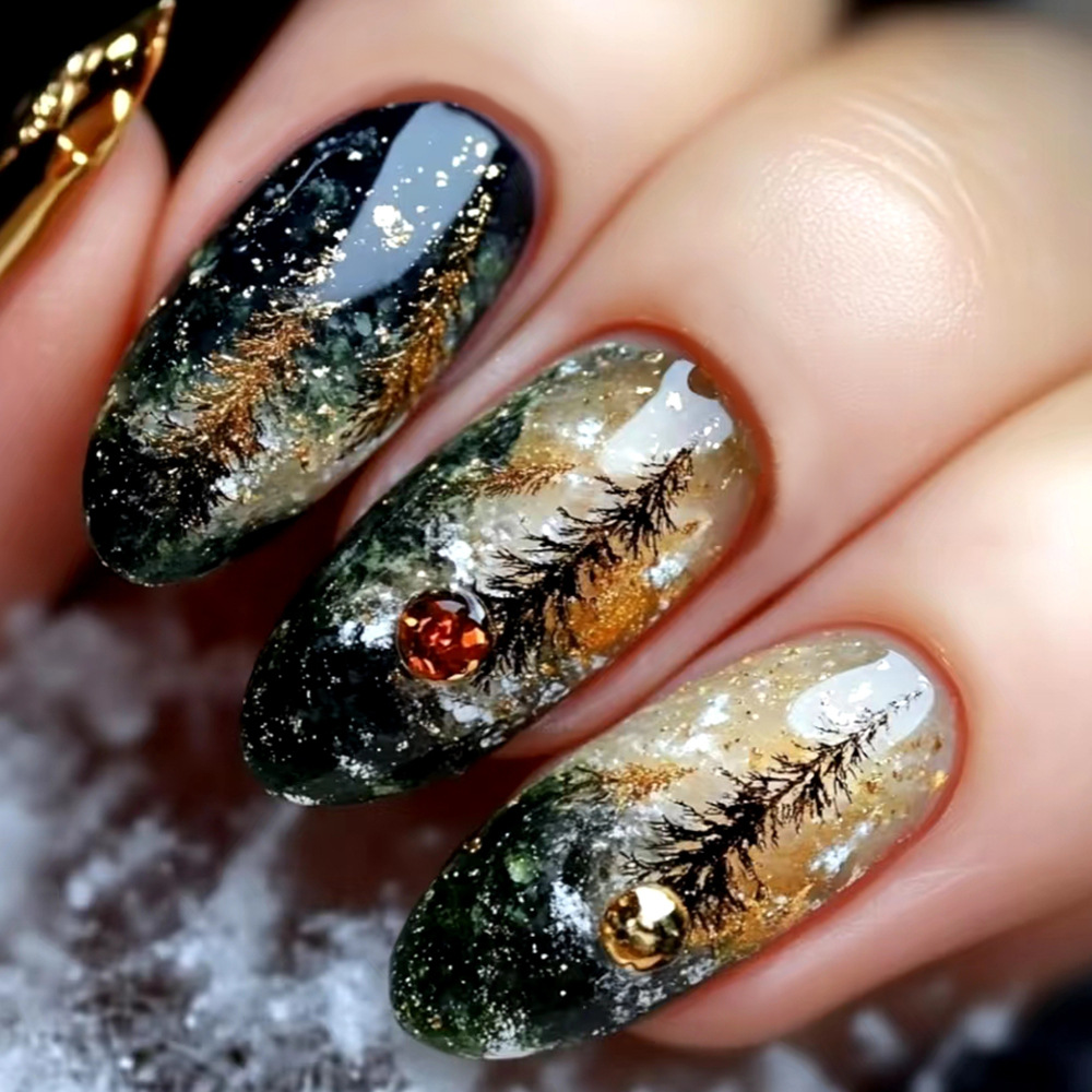 Bosque Oscuro parche de uñas de diamantes, parche de uñas de diamantes de polvo brillante, chicas calientes transfronterizas que usan parches de uñas