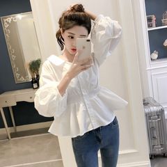 春秋新款韩范长袖白衬衫女娃娃衫学生上衣收腰灯笼袖衬衣