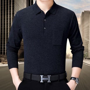 Autumn New Middle-Aged Men's Long-Sleeved T-Shirt Knitted Bottoming Shirt Real Flap Pocket Pants Lapel Polo Shirt Trendy 8820