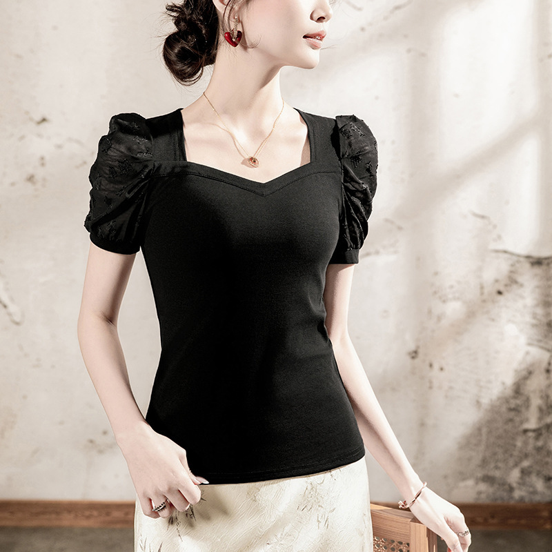 Square Collar T-shirt Women's Short Sleeve Jacquard Lace Stitching Puff Sleeve 2025 Summer New Women's Chicken Heart Collar Top