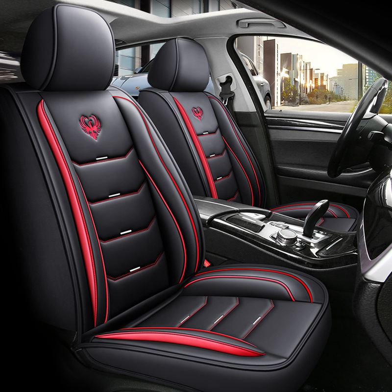 Universal Car Seat Cushion Full Surround Leather Flax Universal Ice Silk (Seat cushion, seat cover) - black-red-standard-full-leather
