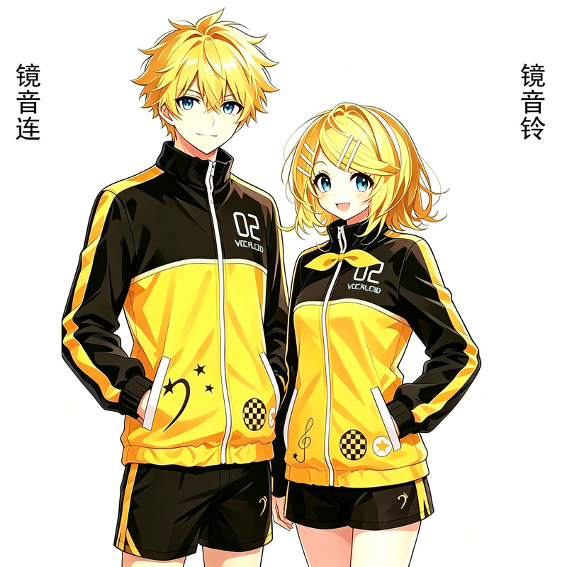 Kagamine Twins cosplay costume, Kagamine Len and Kagamine Rin sports suit, complete cosplay outfit with shorts and jacket Kagamine Twins cosplay costume, Kagamine Len and Kagamine Rin sports suit, complete cosplay outfit with shorts and jacket