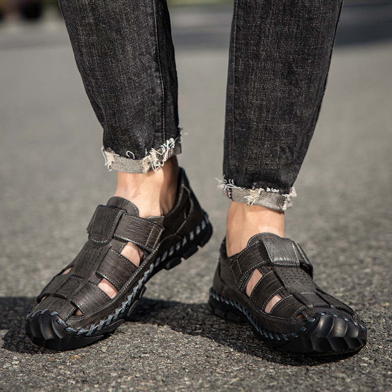 Summer Closed-Toe Sandals Lightweight Size 48 Beach Casual Breathable Velcro Soft Leather Surface Hole Shoes For Men_voghion.com