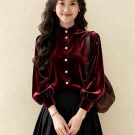 酒红色立领丝绒衬衫女秋冬新款法式轻奢高级感气质显瘦灯笼袖上衣