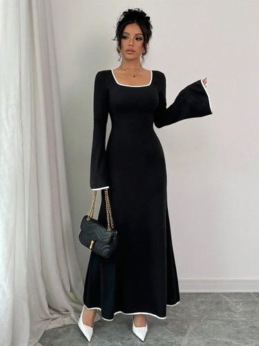 European and American new style temperament square collar socialite style contrasting color slim slimming elegant dress