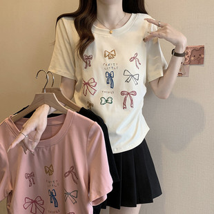 T5C Summer New Style Plus Size Women's Trendy Versatile Letter Bow Print Short-Sleeve T-Shirt