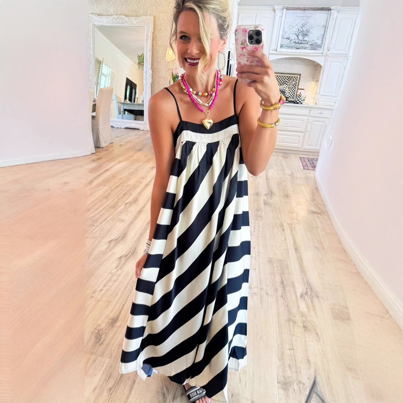 European and American Cross-Border 2025 Women's Summer Black and White Striped Fashion Sexy Large Hem Backless Strap Loose Dress