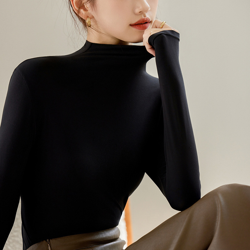 Half-high Collar Base Shirt Women's Long-sleeved T-shirt Spring, Autumn and Winter Inner Slim-fit Autumn Clothes Round-neck Fashioning Black Women's Top