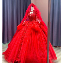 紅色中式主婚紗2023新款新娘高級感復古宮廷風重工奢華長袖大拖尾