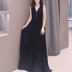 SP家优雅气质修身显瘦女装2025夏季法式V领长款针织背心连衣裙女