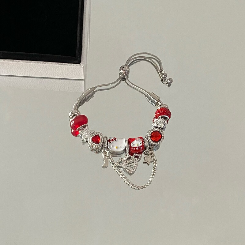 Pan's Hello Kitty Red Beaded Bracelet for Women with Hello Kitty Pendant, DIY Adjustable Stainless Steel Snake Chain