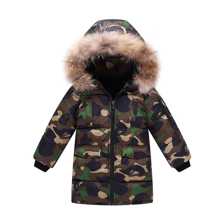 Chaqueta acolchada de plumón para niños de nuevo estilo, cuello de piel de camuflaje, chaqueta acolchada de algodón desmontable, chaqueta acolchada de moda cálida y gruesa