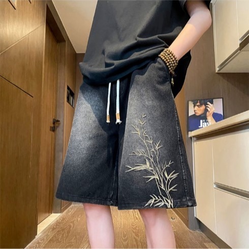 Youth National Trend Embroidered Denim Short Pants for Men - Summer Thin Loose Casual Straight Leg Five-Finger Pants