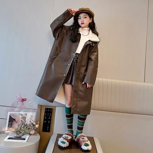 2023 Winter New girls' leather windbreaker autumn and winter clothing fleece-lined long medium and big children Korean style hooded PU leather coat fashion