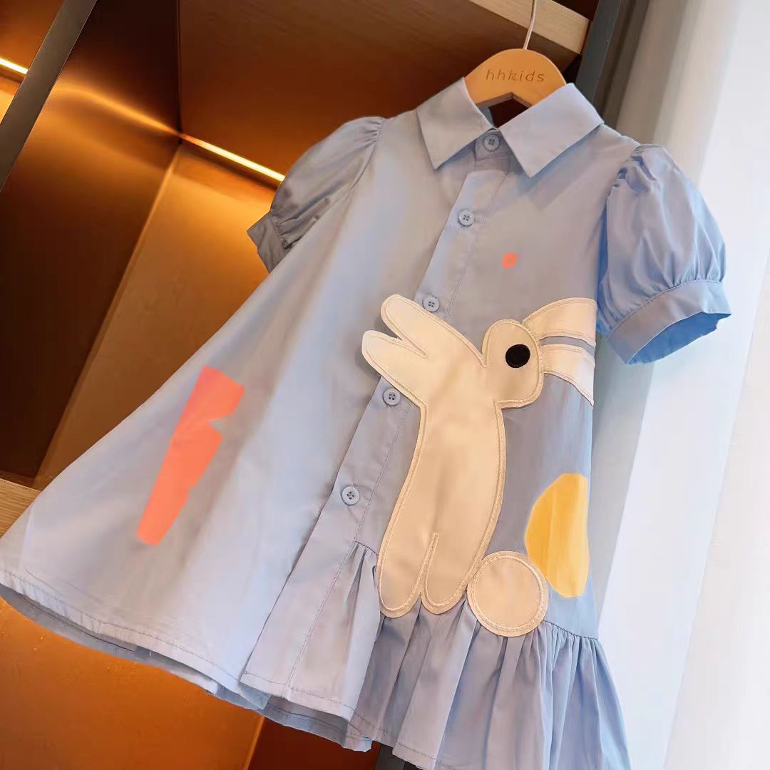 Summer New Korean Style dress Girls Stylister Puff Sleeve Cotton Shirt Dress Baby Cartoon Rabbit Princess Dress