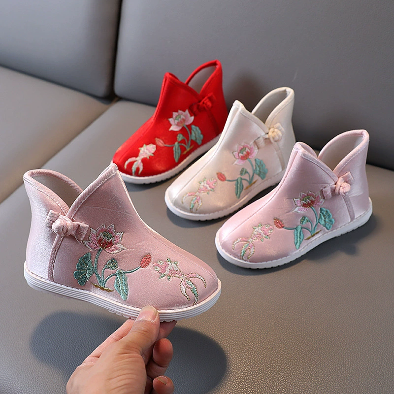 Обувь Hanfu, обувь для девочек с вышивкой, короткие сапоги с вышивкой в китайском этническом стиле, осенне-зимняя детская Новогодняя обувь на флисовой подкладке, зимние сапоги