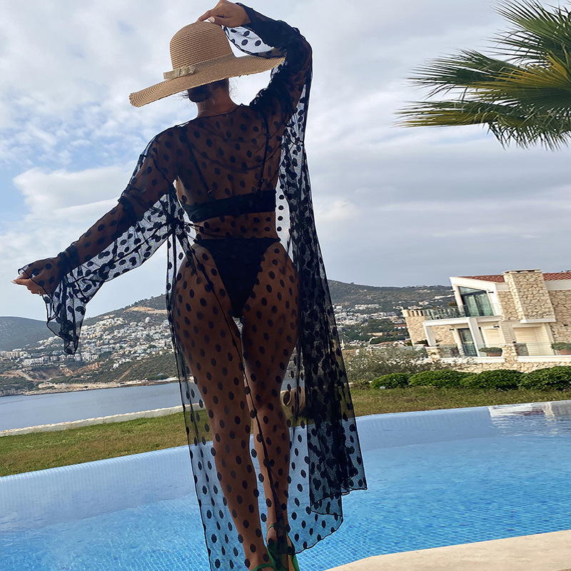 sexy black perspective polka dot beach cover-up cardigan and split bikini three-piece swimsuit  NSOLY122155