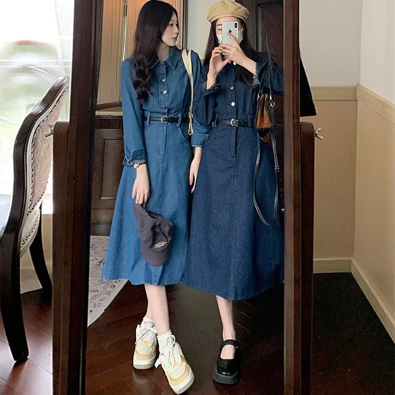 plus size Women's chubby girl Early Autumn Xizang Flesh Slimming Denim dress Temperament Retro Design Mature Light Luxury Dress