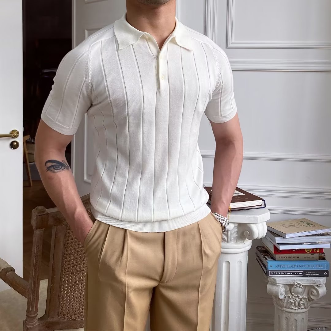 Verano nuevo suéter de punto de seda de hielo de manga corta camisa POLO para hombres Camiseta de negocios delgada simple comercio exterior al por mayor transfronterizo