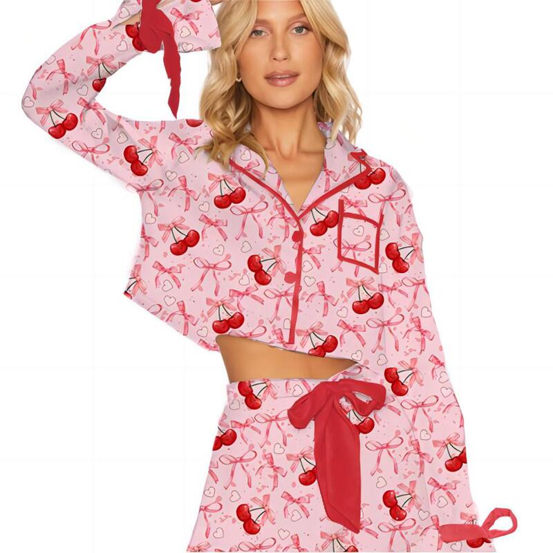 2024 New Amazon Aliexpress Simulated Silk Printed Long Sleeve Shorts Lapel Suit Women's Home Wear