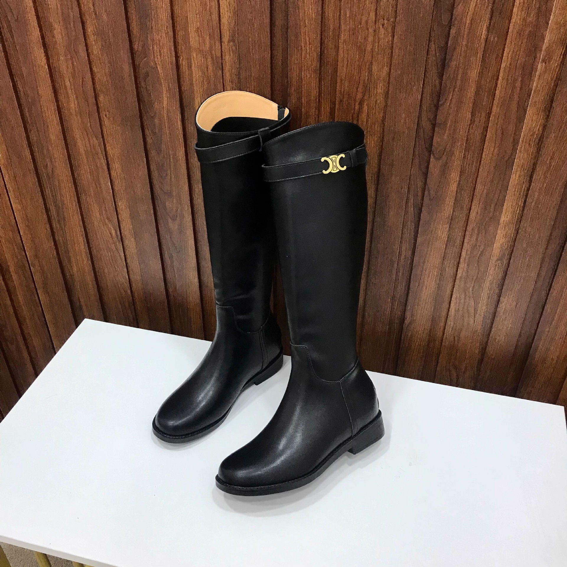 在庫あり即発送!韓国風万能着痩せ効果斜め開き凱旋門バックル付きラウンドトゥ太ヒールハイブーツレディース秋冬