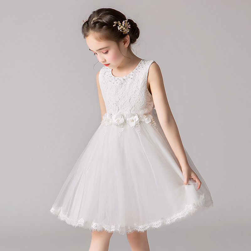 Children's Princess Dress, Flower Girl Dress, Little Girl's Sleeveless Lace Mesh Puffy Performance Dress, Birthday Performance Dress