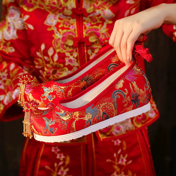 (Jinlong 4- см) китайские свадебные туфли Xiuhe, красные свадебные туфли с вышивкой кисточками и увеличенной высотой, древний костюм, туфли династии Хань в древнем стиле