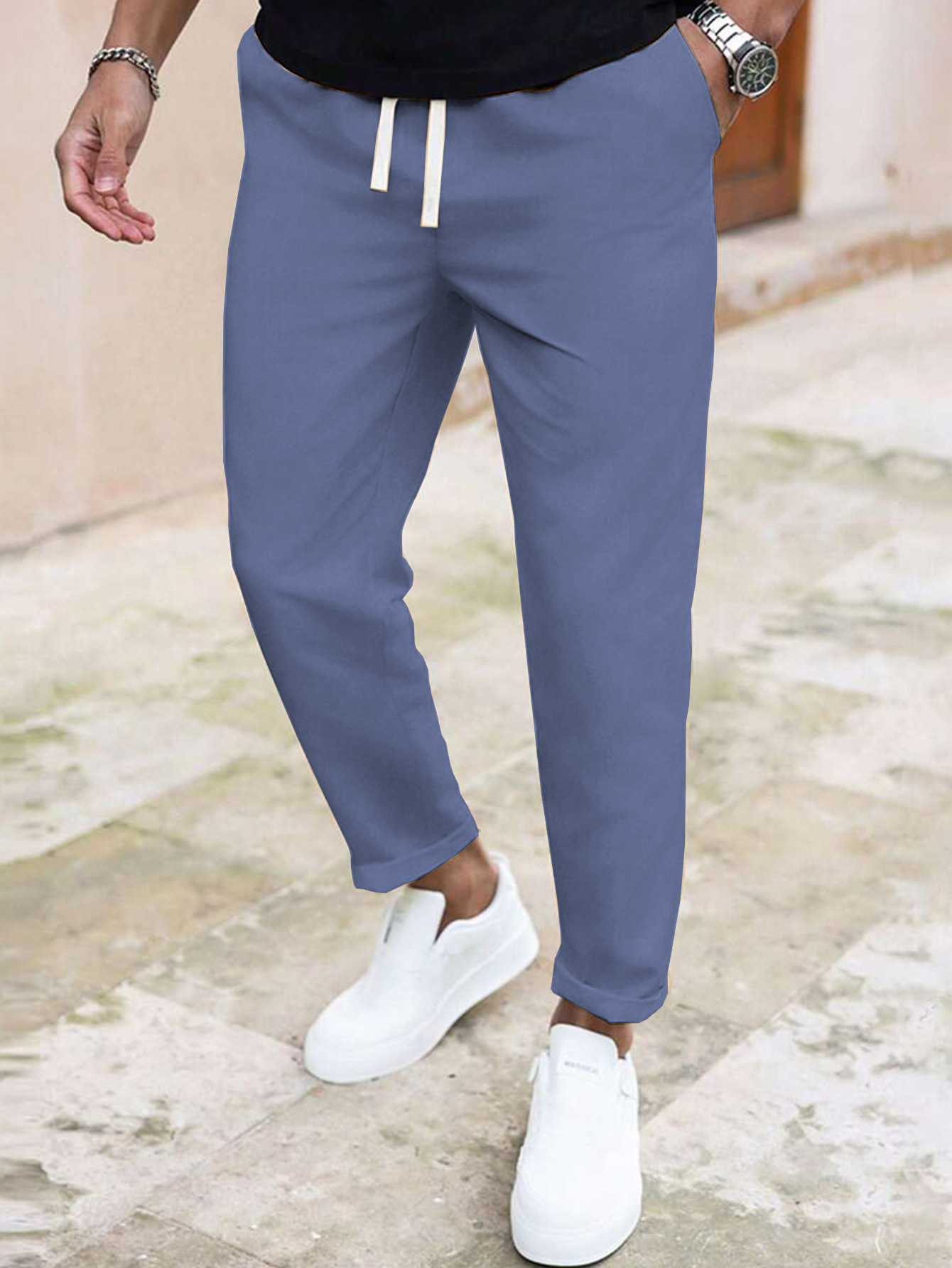 ​​"Men's Slim Fit Casual Pants - Solid Color Drawstring Waist, Lightweight Polyester For Everyday Comfort & Street Style"​​_viptrois.com