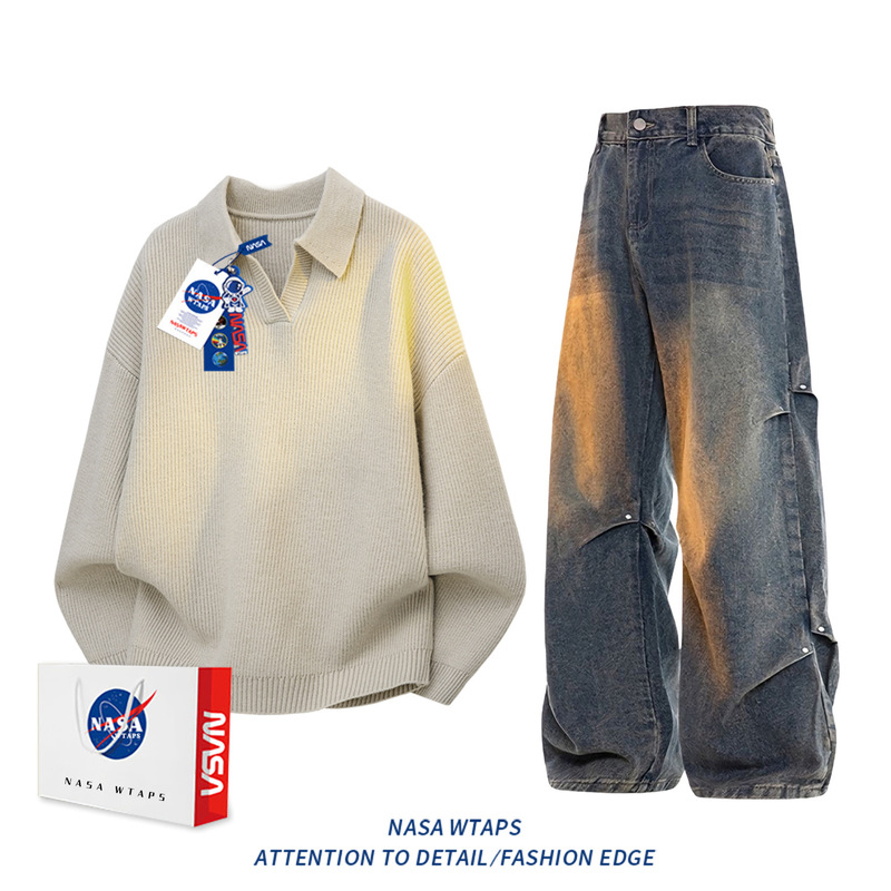 NASA ABOUT美式潮牌休闲运动套装男秋季新款宽松针织衫复古潮毛衣|undefined