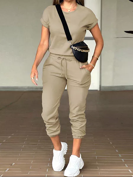 2026 Amazon Cross-Border Fashion Casual Women's Clothing Hot-Selling Solid Color Round Neck Top and Pocket Pants Set!
