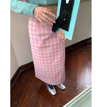 品优 蓓妮草莓 粉色色织格纹半裙复古休闲高腰直筒休闲裤2024夏季