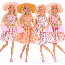 粉色电影30CM洋娃娃11寸欧美秋季时尚碎花裙帽子旅行款娃衣跨境