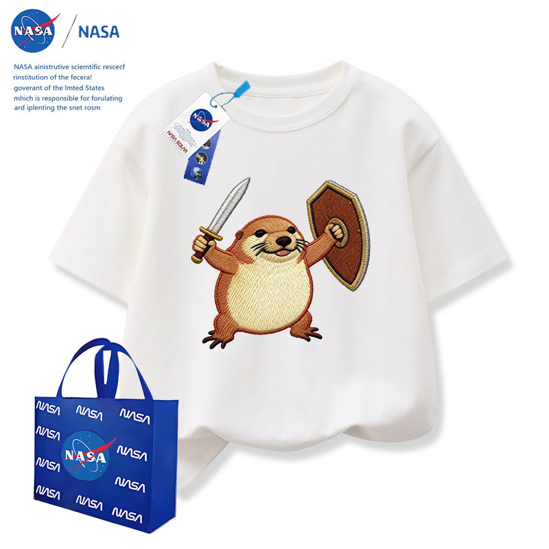 Nasa Funny Kidsren's Short-Sleeved Clothes My Knife and Shield Imitation Embroidery Print Summer Casual Round Neck Half-Sleeved Top