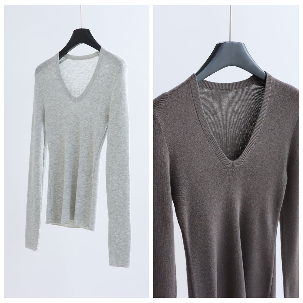 Trendy U-Neck Long-Sleeve Knit Sweater Wool Blend Slim Fit Base Sweater Pullover Women's Autumn Winter Top