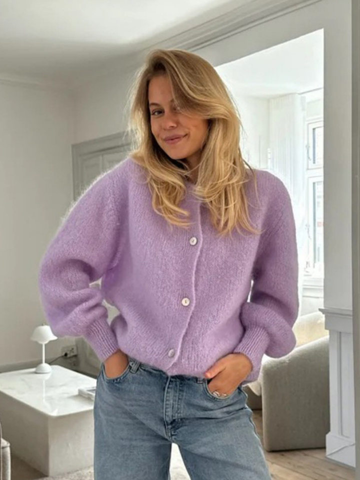 Áo cardigan len dệt kim dáng mỏng nhẹ cài nút một hàng, tay dài cổ tròn nữ — hoa hồng đỏ, màu be, màu cam, màu hoa cà chi tiết 68