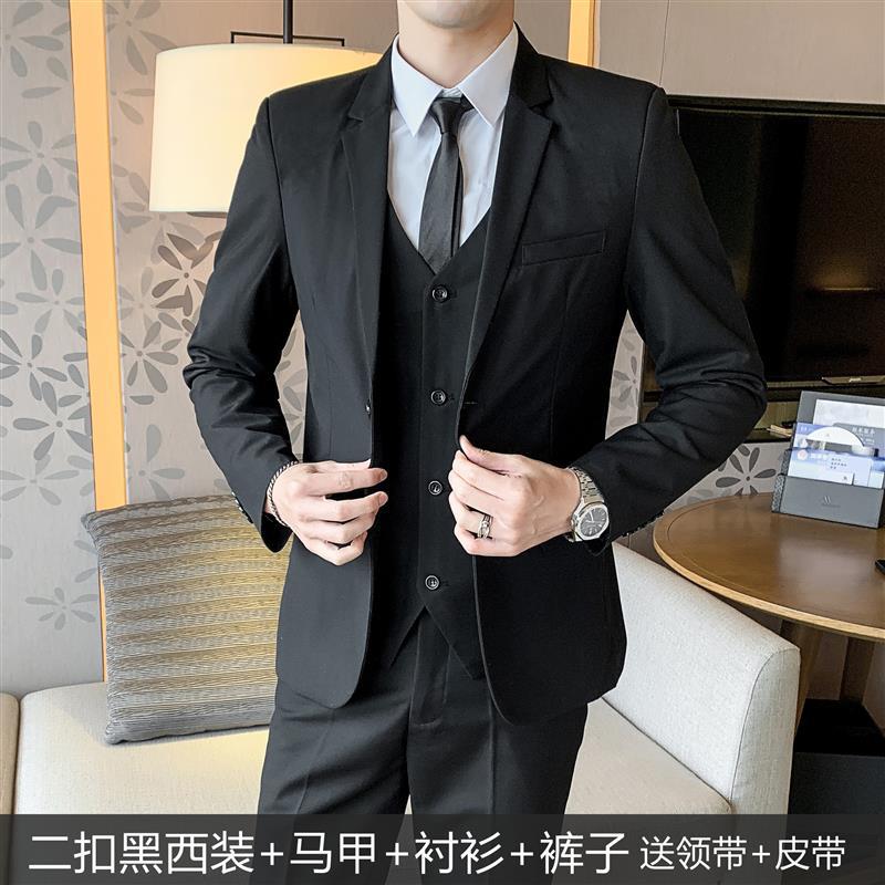 Traje negro de dos botones + chaleco + camisa + Pantalones de traje con cinturón de corbata