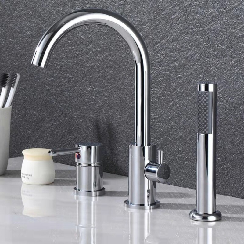 Two-piece three-hole four-hole bathtub faucet with large circular bend pipe, diverter valve, hot and cold water mixer, and pull-out shower head, wholesale Two-piece three-hole four-hole bathtub faucet with large circular bend pipe, diverter valve, hot and cold water mixer, and pull-out shower head, wholesale