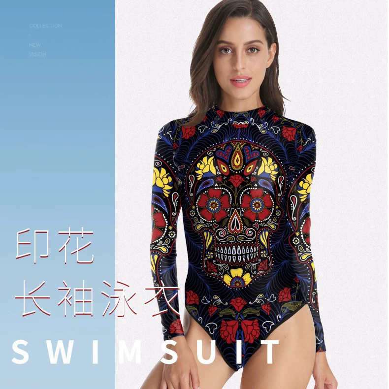 Трансграничная весна и лето новый череп персонализированный принт с длинными рукавами облегающие женские цельные купальники 3D принт Дьявол купальник